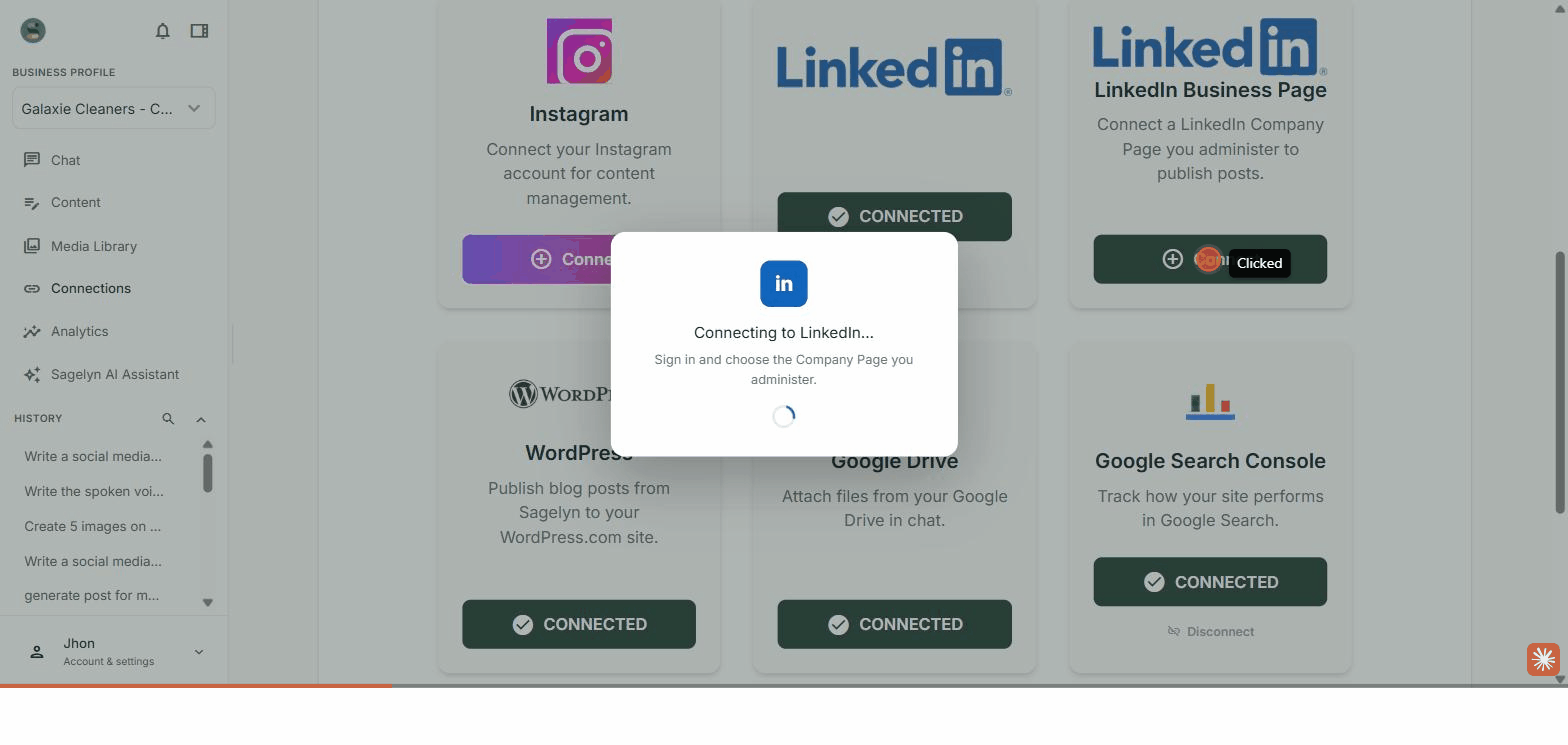Connecting a LinkedIn company Page: Connections, the LinkedIn card, Company Page, sign in, choose the Page.